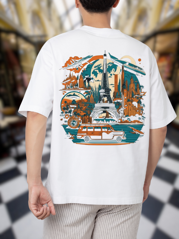 Paris Cityscape Graphic T-Shirt, White Cotton, Casual Oversized Unisex T-Shirt