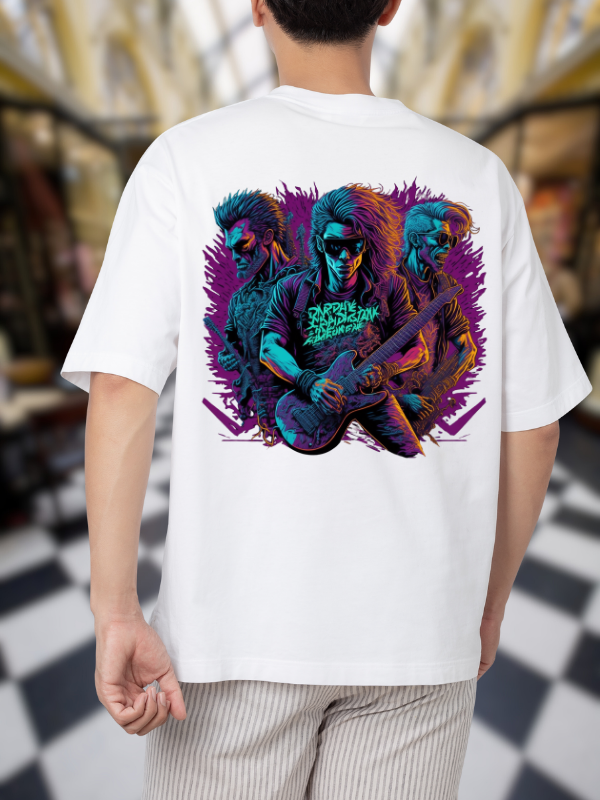 Neon Rock Band Graphic T-Shirt, White Cotton, Casual Oversized Unisex T-Shirt
