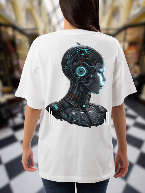 Cyberpunk Robot Art T-Shirt, White Cotton, Futuristic Casual Oversized Unisex T-Shirt