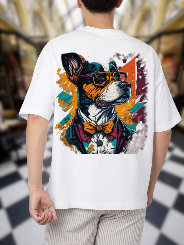 Artistic Dog T-Shirt, White Cotton, Hipster Pet Casual Oversized Unisex T-Shirt