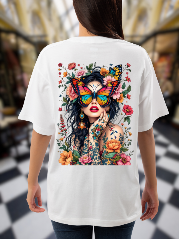 Butterfly Art Graphic T-Shirt, White Cotton, Floral Casual Oversized Unisex T-Shirt