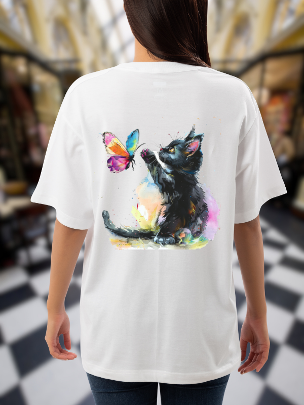 Cat and Butterfly Print T-Shirt, White Cotton, Casual Oversized Unisex T-Shirt