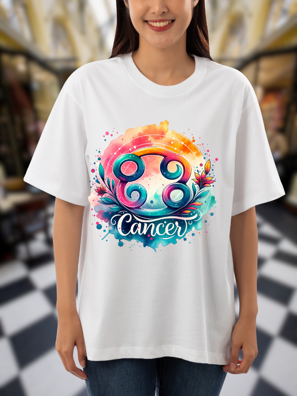 Cancer Zodiac Art T-Shirt, White Cotton, Unisex