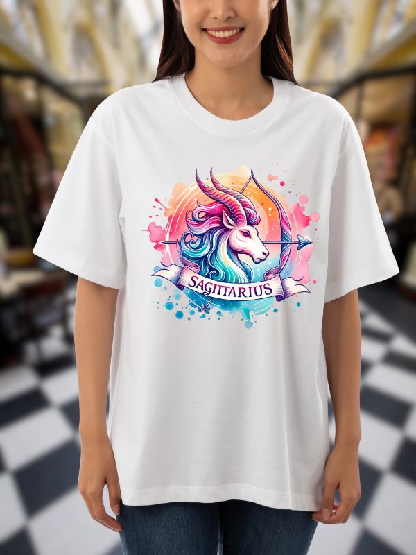 Sagittarius Zodiac Graphic T-Shirt, Unicorn Design, White Unisex Oversized
