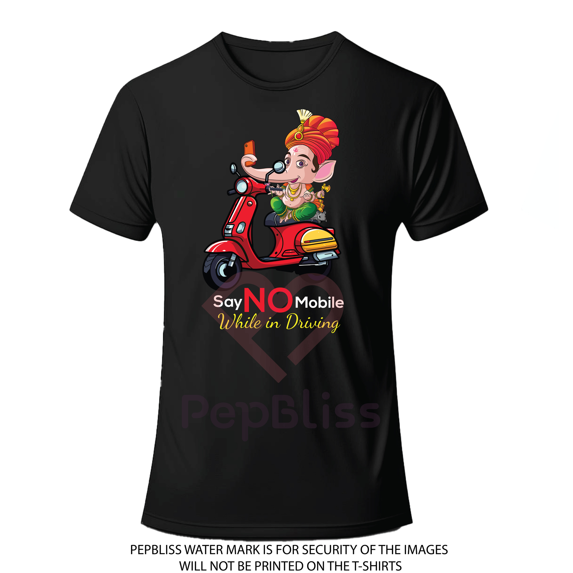 Say No Mobile While Driving Print, Cartoon Ganesha Design. Black Unisex