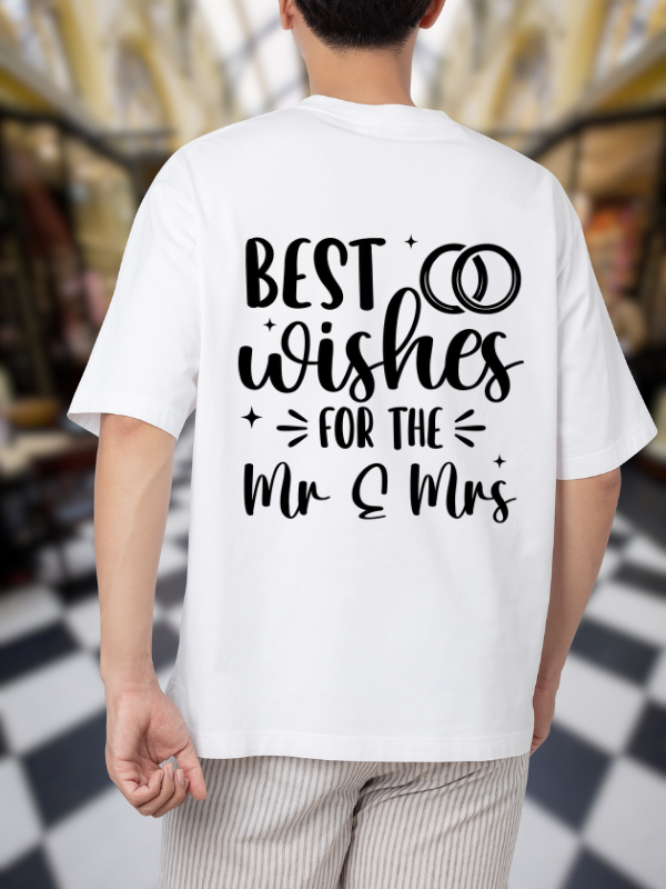 Best Wishes Wedding T-Shirt, White Casual Oversized Unisex T-Shirt, Mr. and Mrs. Design