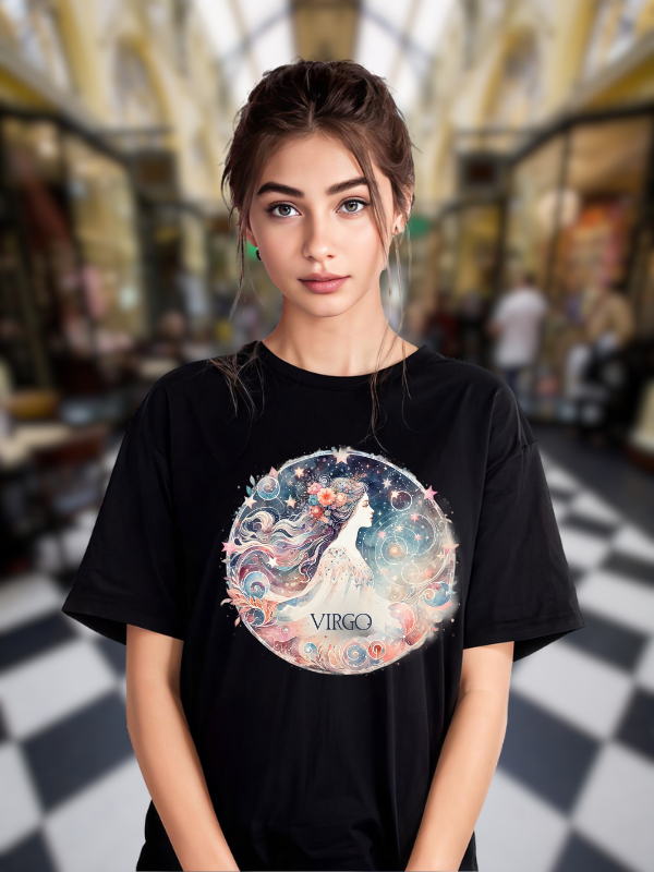 Virgo Zodiac Unisex T-Shirt, Black Cotton, Celestial Galaxy Design