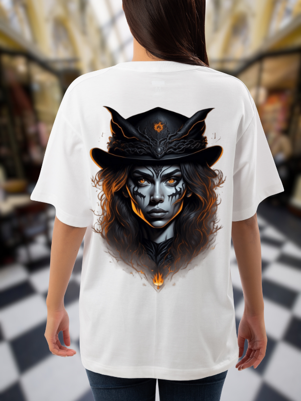 Gothic Fantasy Art T-Shirt, White Casual Oversized Unisex T-Shirt, Dark Pirate Queen Design