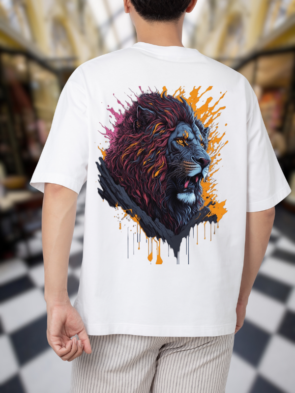 Artistic Lion T-Shirt, White Cotton, Casual Oversized Unisex T-Shirt