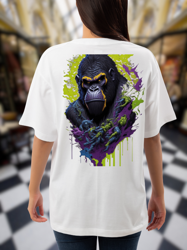 Gorilla Art T-Shirt, White Cotton, Casual Oversized Unisex T-Shirt