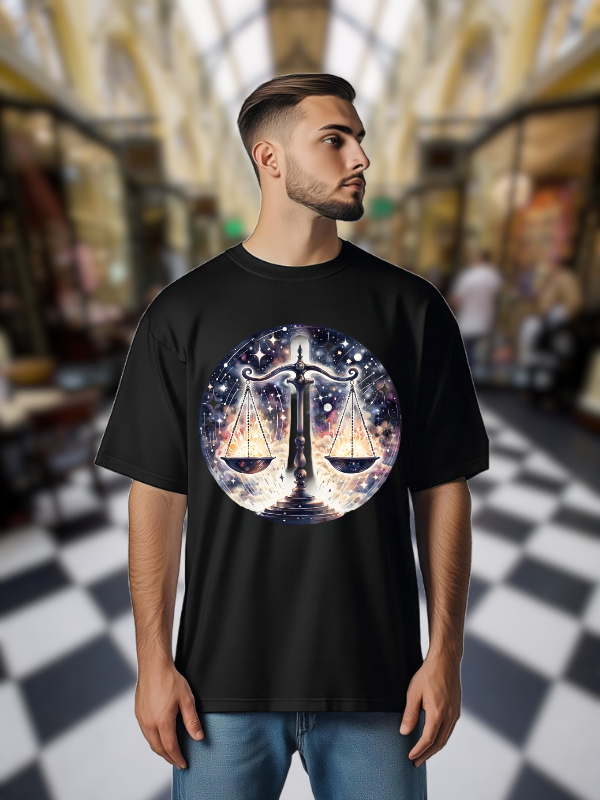 Celestial Libra Zodiac Scale Unisex T-Shirt, Black Cotton, Galaxy Design