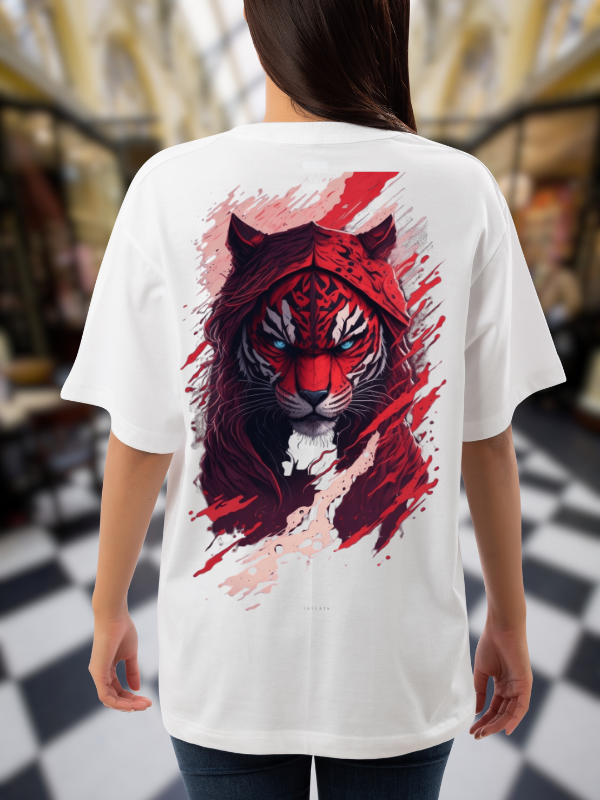 Red Tiger Art Graphic T-Shirt, White Cotton, Casual Oversized Unisex T-Shirt