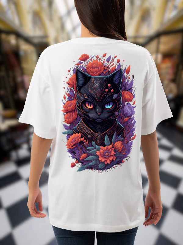 Mystic Black Cat T-Shirt, White Cotton, Casual Oversized Unisex T-Shirt