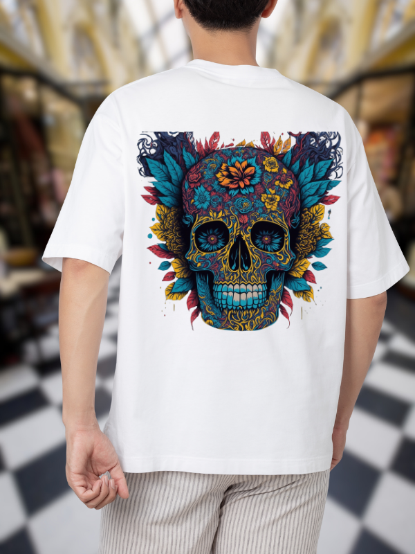 Sugar Skull Graphic T-Shirt, White Casual Oversized Unisex T-Shirt, Floral Art Print