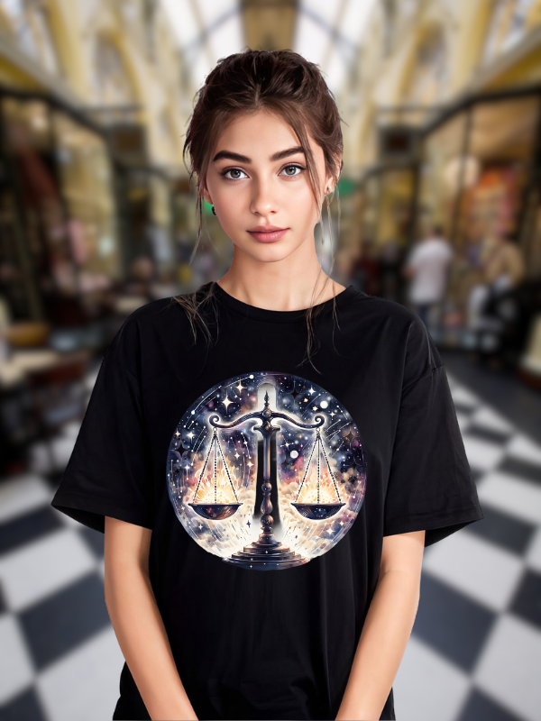 Celestial Libra Zodiac Scale Unisex T-Shirt, Black Cotton, Galaxy Design