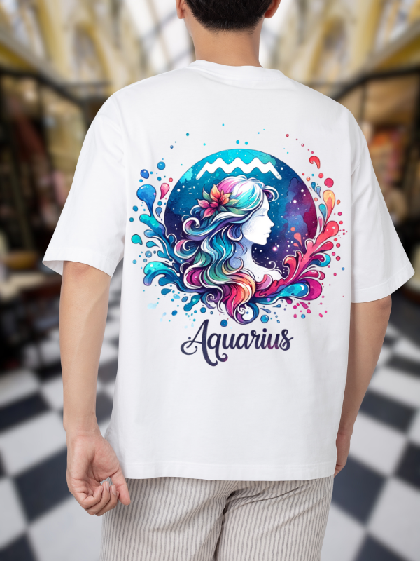 Aquarius Zodiac Art Graphic T-Shirt, White Cotton, Unisex Oversized