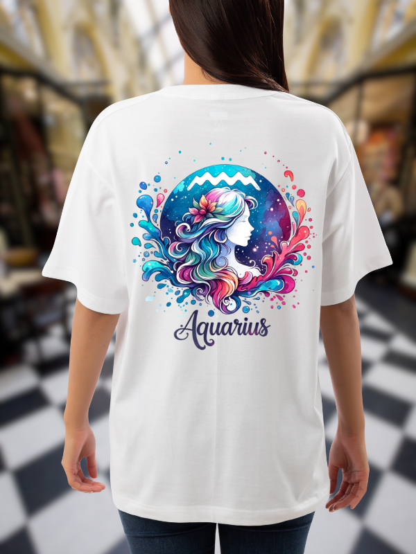 Aquarius Zodiac Art Graphic T-Shirt, White Cotton, Unisex Oversized