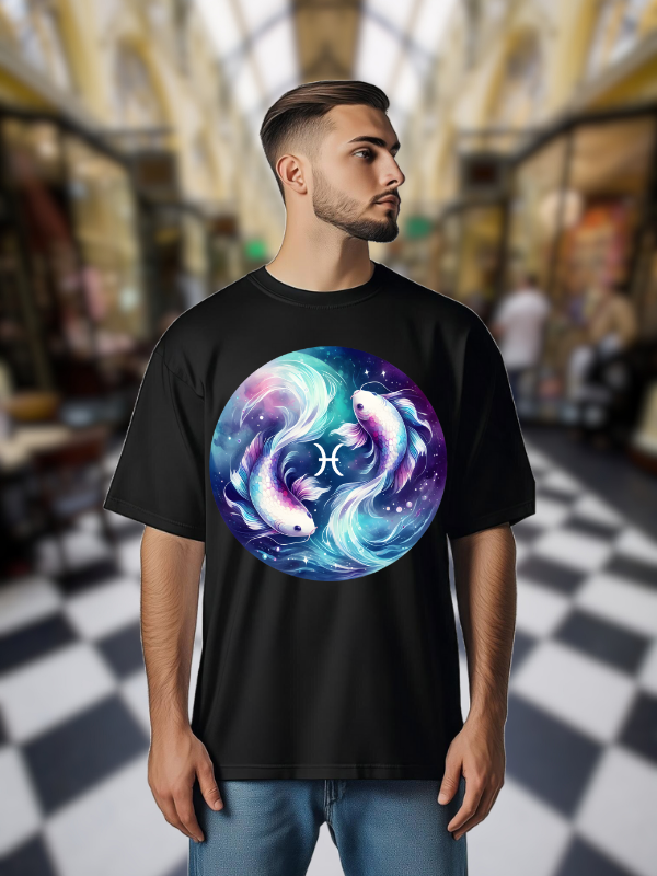 Pisces Zodiac Unisex T-Shirt, Black Cotton, Galaxy Fish Design