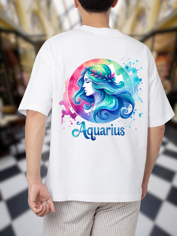 Aquarius Zodiac Art Graphic T-Shirt, White Cotton, Oversized Unisex