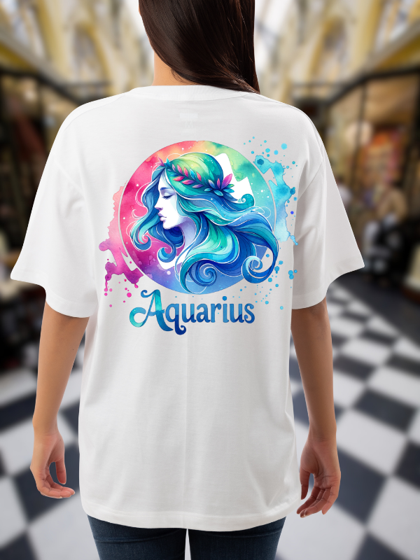 Aquarius Zodiac Art Graphic T-Shirt, White Cotton, Oversized Unisex