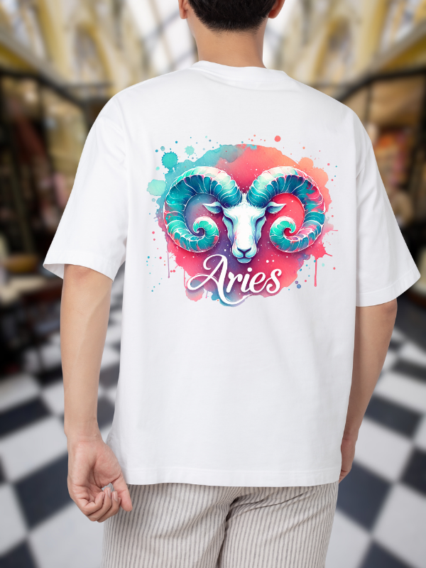 Aries Zodiac Art T-Shirt, White Cotton, Unisex Oversized Design