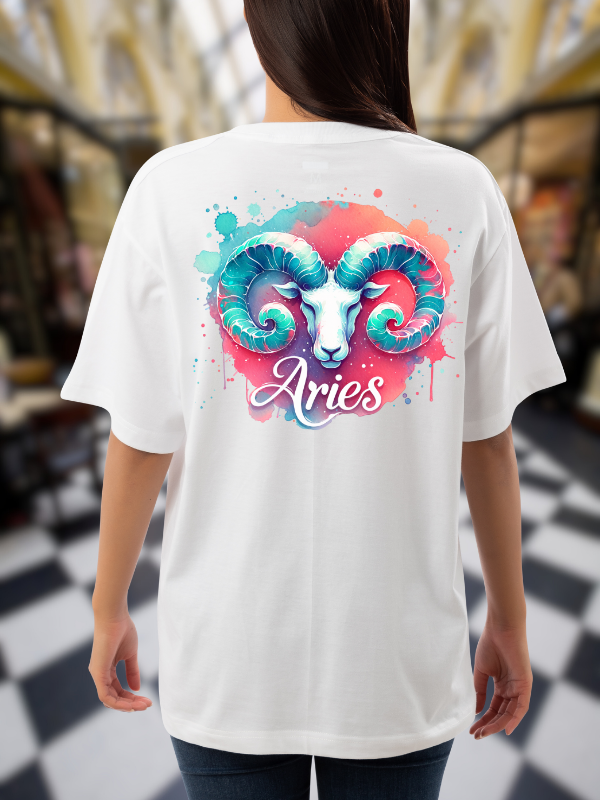 Aries Zodiac Art T-Shirt, White Cotton, Unisex Oversized Design