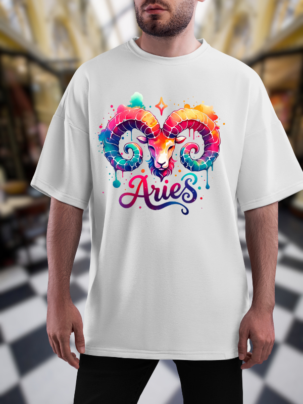 Aries Zodiac Art T-Shirt, Unisex Oversized Design, White Cotton