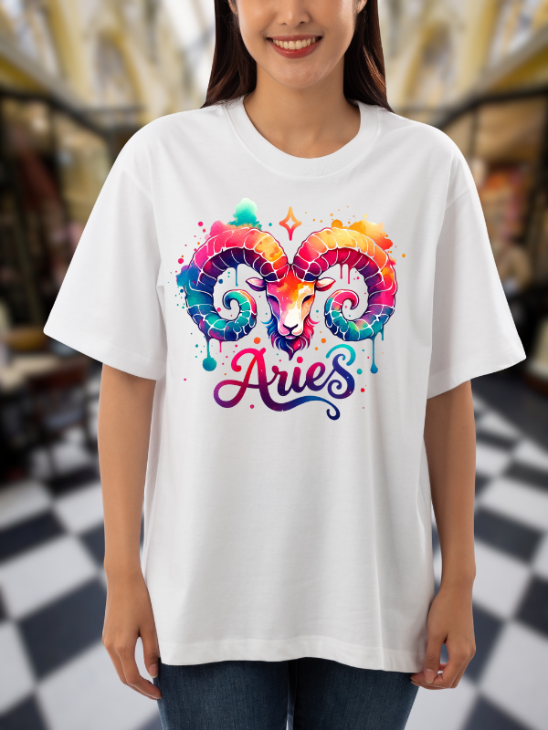 Aries Zodiac Art T-Shirt, Unisex Oversized Design, White Cotton