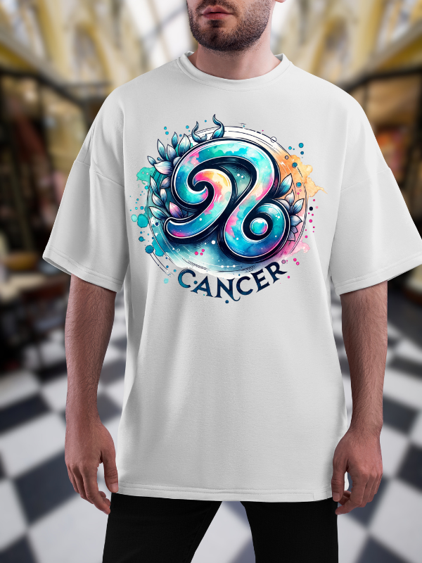 Cancer Zodiac Art T-Shirt, White Cotton, Unisex Oversized