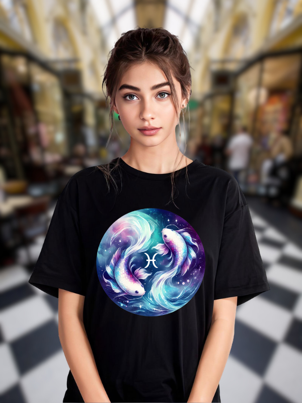 Pisces Zodiac Unisex T-Shirt, Black Cotton, Galaxy Fish Design