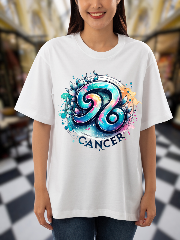 Cancer Zodiac Art T-Shirt, White Cotton, Unisex Oversized