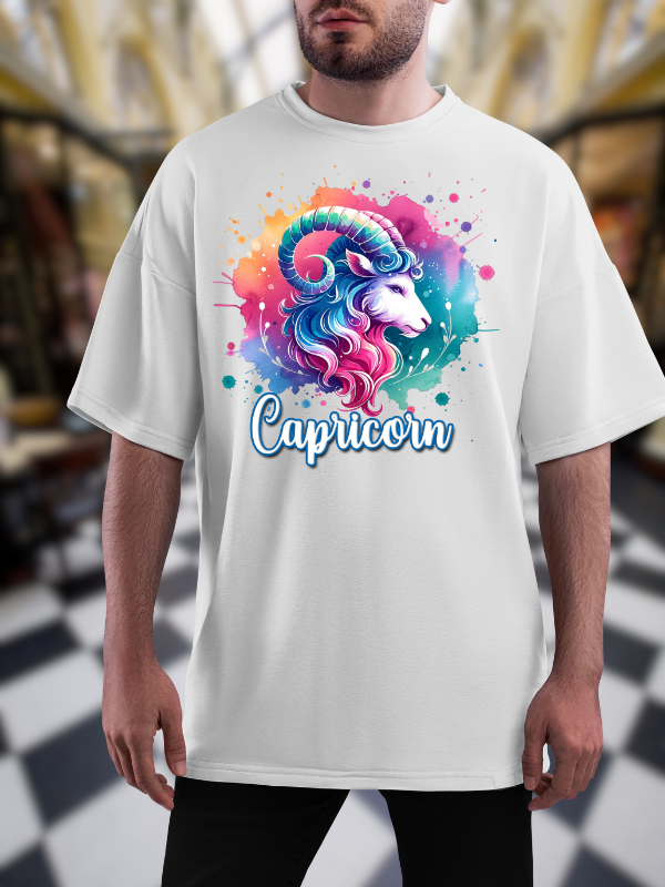 Capricorn Zodiac Art T-Shirt, Unisex Oversized Design, White Cotton, Unisex