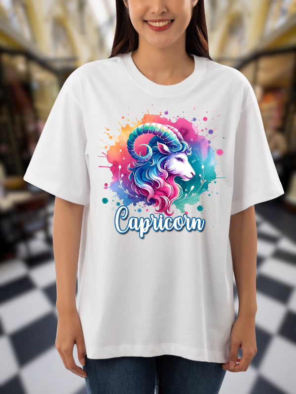 Capricorn Zodiac Art T-Shirt, Unisex Oversized Design, White Cotton, Unisex