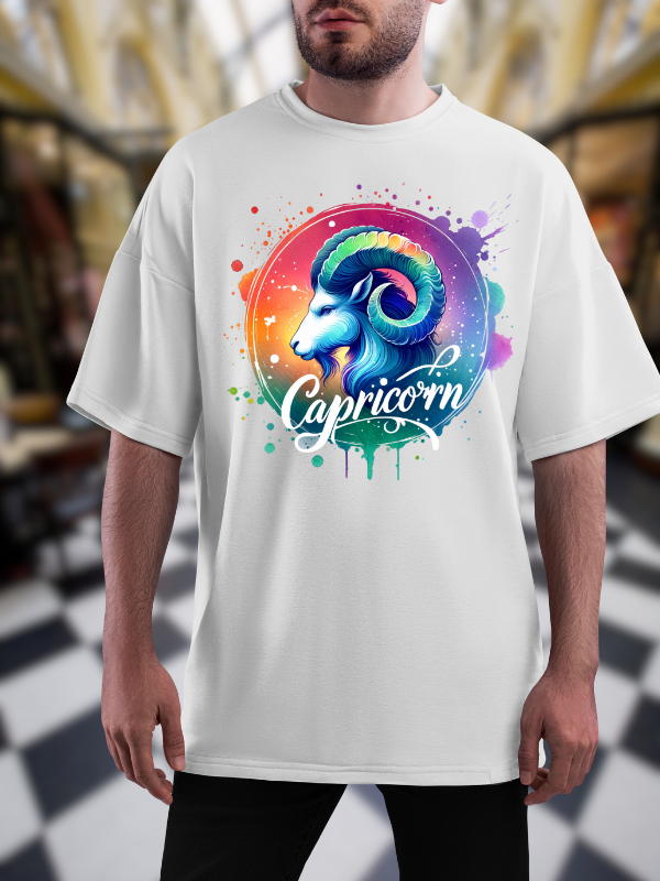 Capricorn Zodiac Art T-Shirt, Unisex Oversized Design, White Cotton, Unisex