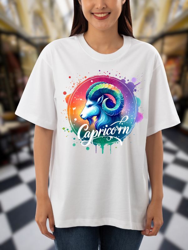 Capricorn Zodiac Art T-Shirt, Unisex Oversized Design, White Cotton, Unisex