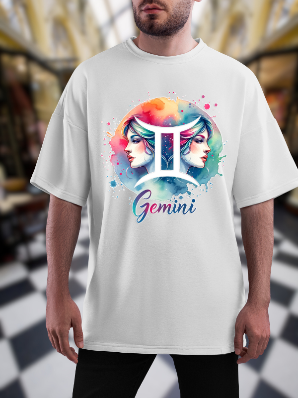 Gemini Zodiac Art T-Shirt, Unisex Oversized Design, White Cotton, Unisex