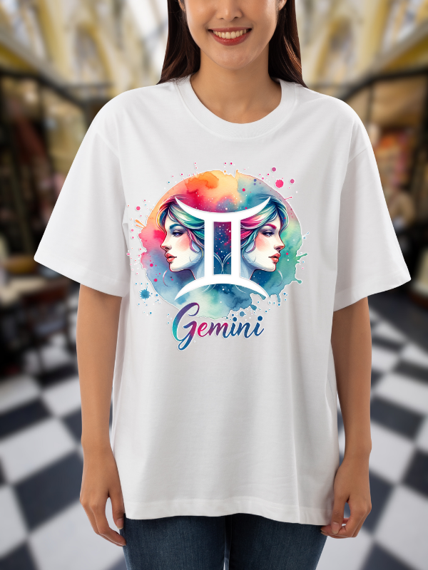Gemini Zodiac Art T-Shirt, Unisex Oversized Design, White Cotton, Unisex