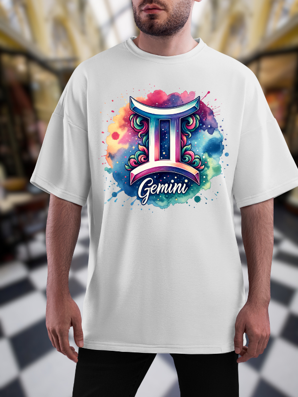 Gemini Zodiac Art T-Shirt, Unisex Oversized Galaxy Design, White Cotton