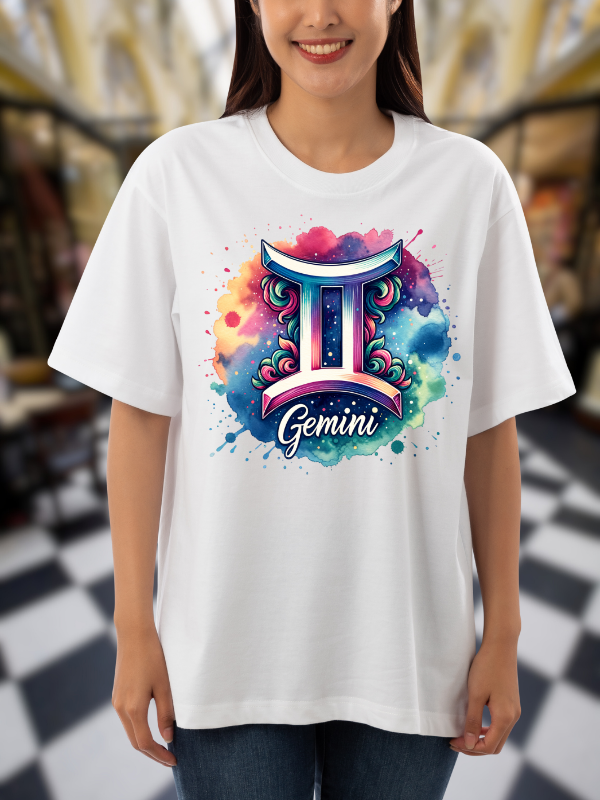 Gemini Zodiac Art T-Shirt, Unisex Oversized Galaxy Design, White Cotton