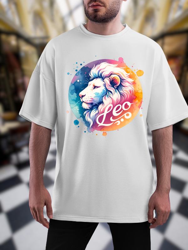Leo Zodiac Art T-Shirt, Unisex Oversized Galaxy Design, White Cotton