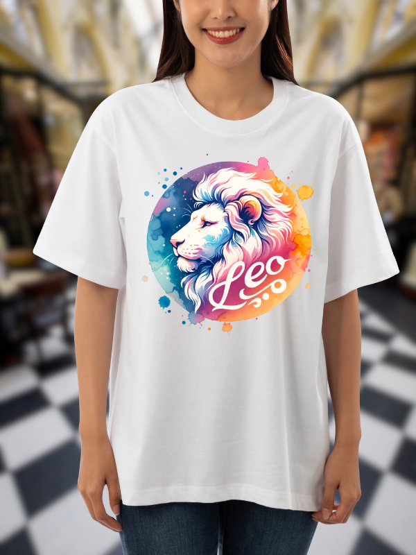 Leo Zodiac Art T-Shirt, Unisex Oversized Galaxy Design, White Cotton