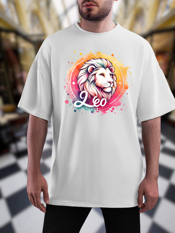 Leo Zodiac Art T-Shirt, Galaxy Design, White Cotton, Unisex Oversized