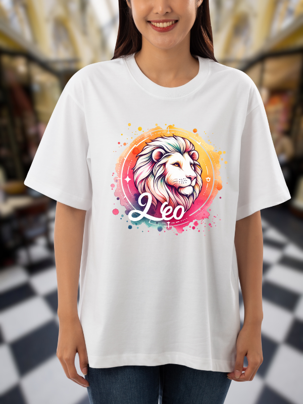 Leo Zodiac Art T-Shirt, Galaxy Design, White Cotton, Unisex Oversized