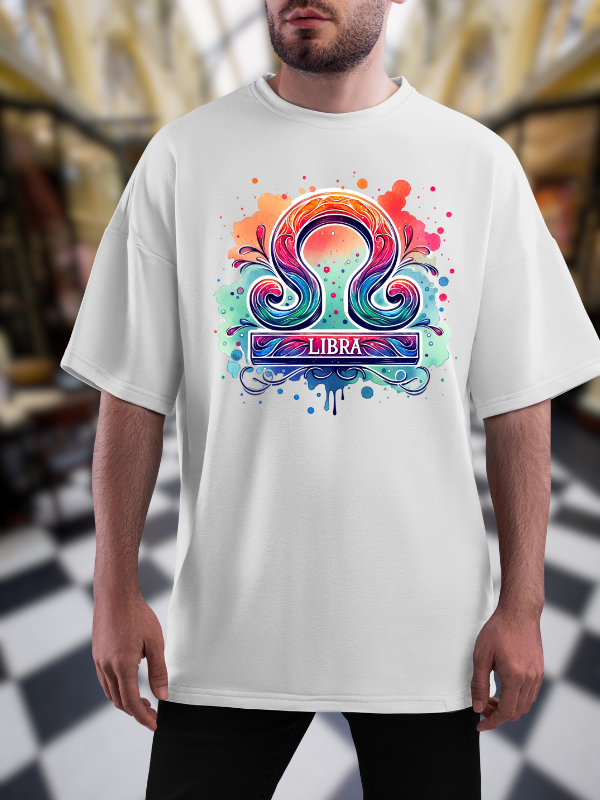 Libra Zodiac Art T-Shirt, Splash Design, White Cotton, Unisex Oversized