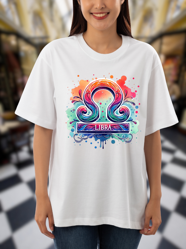 Libra Zodiac Art T-Shirt, Splash Design, White Cotton, Unisex Oversized