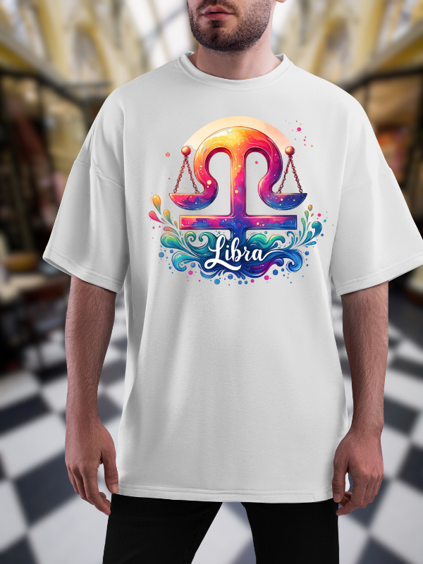 Libra Zodiac Art T-Shirt, Splash Design, White Cotton, Unisex Oversized