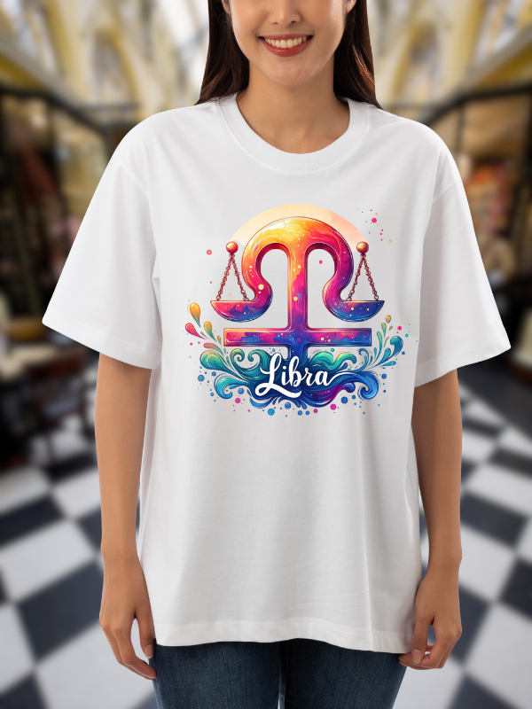 Libra Zodiac Art T-Shirt, Splash Design, White Cotton, Unisex Oversized