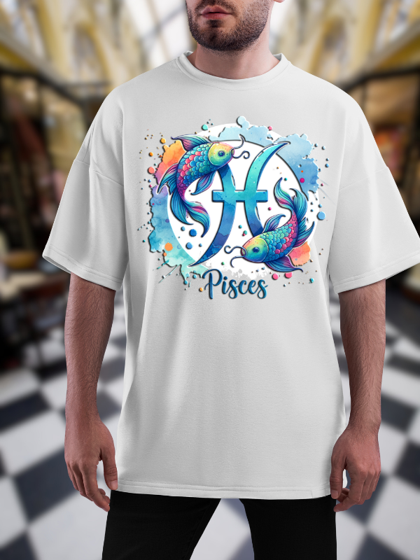 Pisces Zodiac T-Shirt, Fish Design, White Cotton, Unisex Oversized