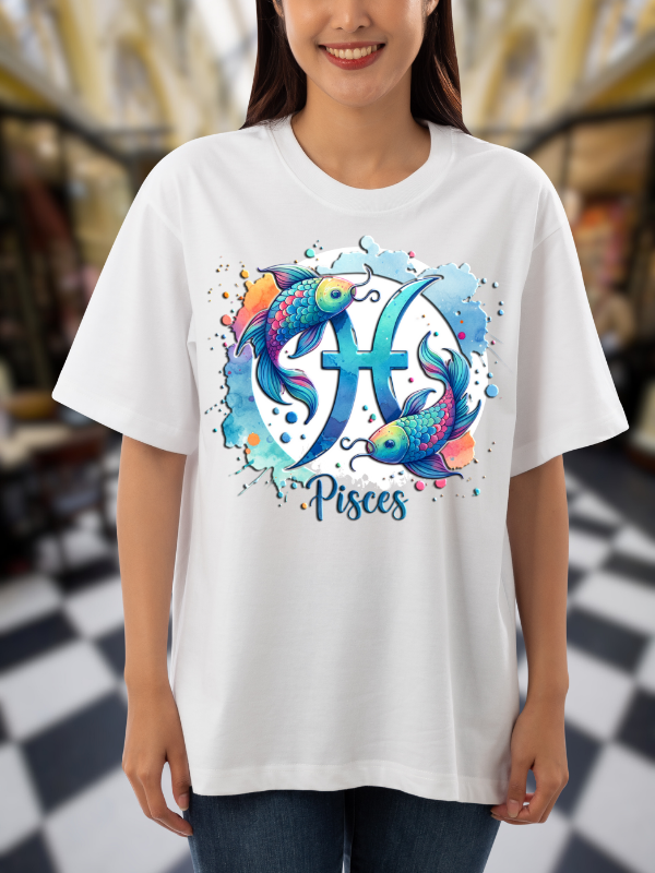 Pisces Zodiac T-Shirt, Fish Design, White Cotton, Unisex Oversized