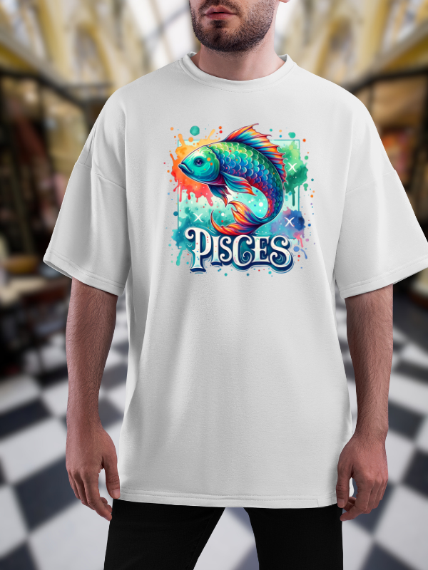 Pisces Zodiac T-Shirt, Fish Design, White Cotton, Unisex Oversized